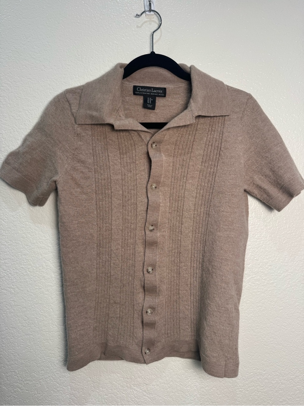 Christian Lacroix M 100% Extrafine Merino Wool Knit Polo Cardigan Taupe